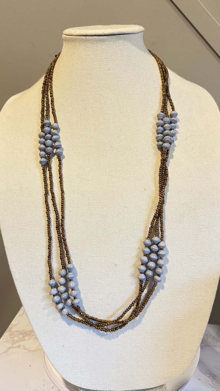 Multi-Strand Necklace Light Blue Textured Beads Metallic Bronze